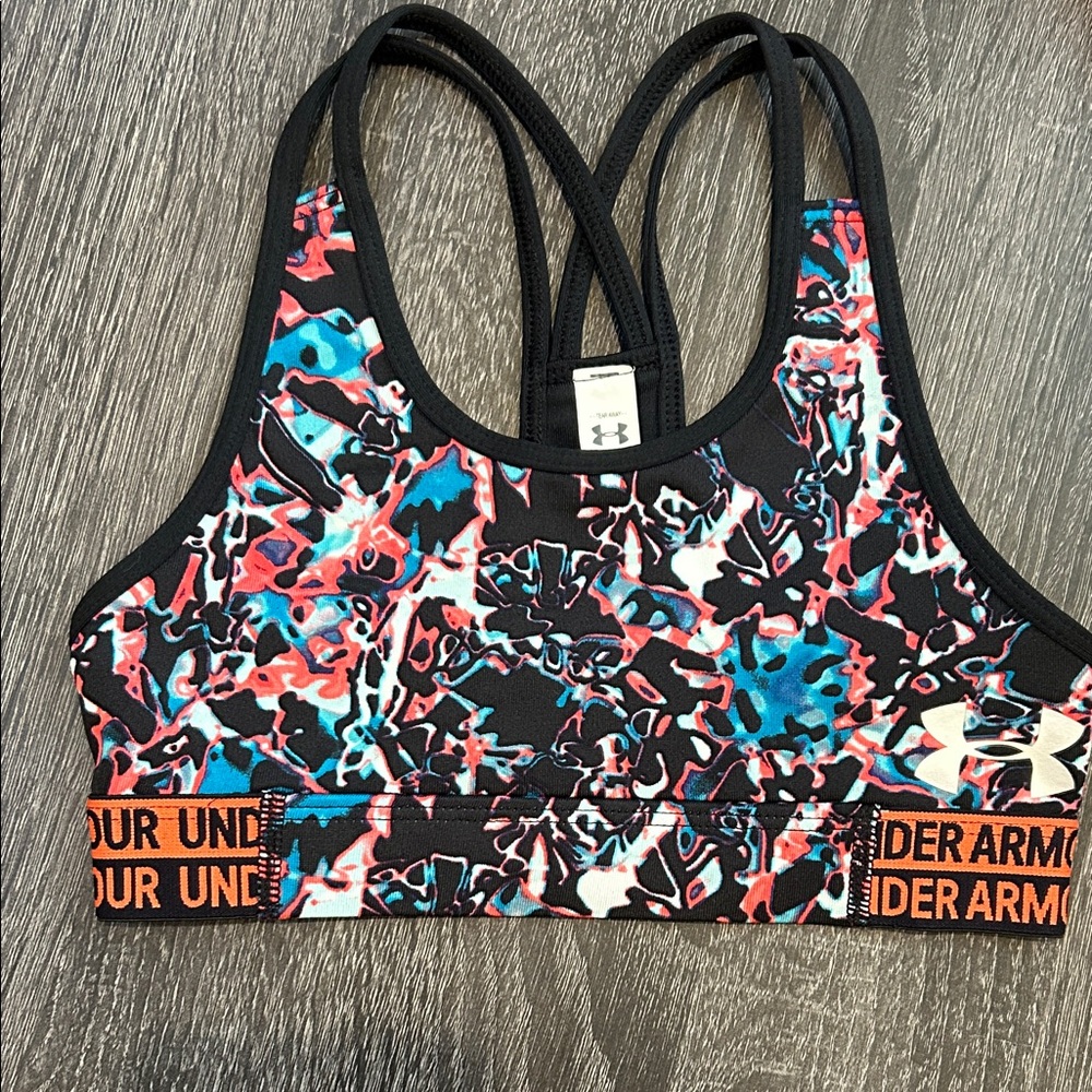 Under Armour Black Sports Bra with Blue and Coral Abstract Print